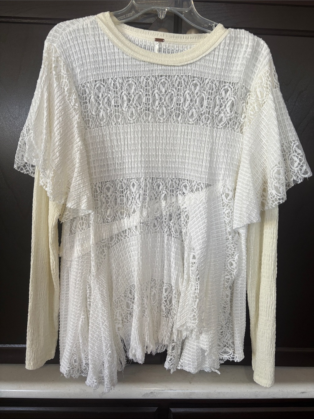 Free People Cream Crochet & Lace Layered Long Sleeve Top - Picture 1 of 3